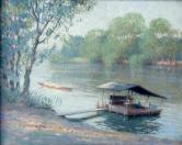 Le ponton lavoir au bord du fleuve à la grenouillère， canoé avec deux rameurs pagayant