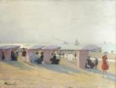 Deauville， la plage， 4 tentes blanches et rouges， les dames se protègent du soleil