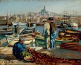 Pêcheurs sur le port de Marseille， remaillage des filets