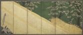 桜図屏風、桜の花と垣根に従者たち、江戸時代、1590-1640年