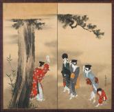神官に三女と子の図、江戸時代