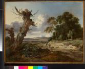 2本の枯れた木、2人の狩人と猟犬がいる砂地の風景
