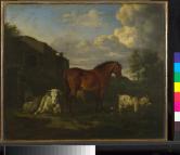建物近くにいる栗毛の馬、牛、ヤギ、３匹の羊