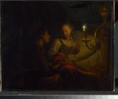 ろうそくの光の場面: ベッドに座る少女に金の鎖とコインを渡す男性 